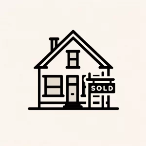 Sold sign next to minimalistic house graphic made by AI